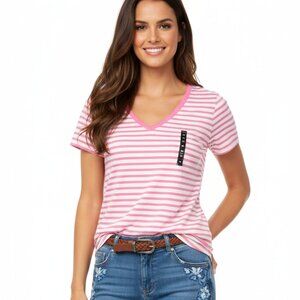 NWT Torrid Classic Fit Striped Tee Cotton Blend V-Neck Indian Pink/White 00/M/L